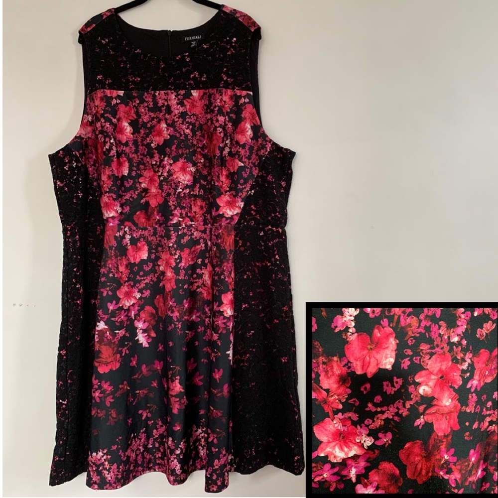 Pink and Black fit and flare Floral dress with Lace Detail